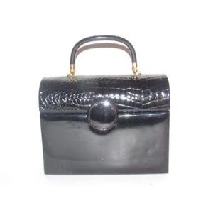 La Regale Vintage Black Lucite and Black Patent Leather Top Handle Bag